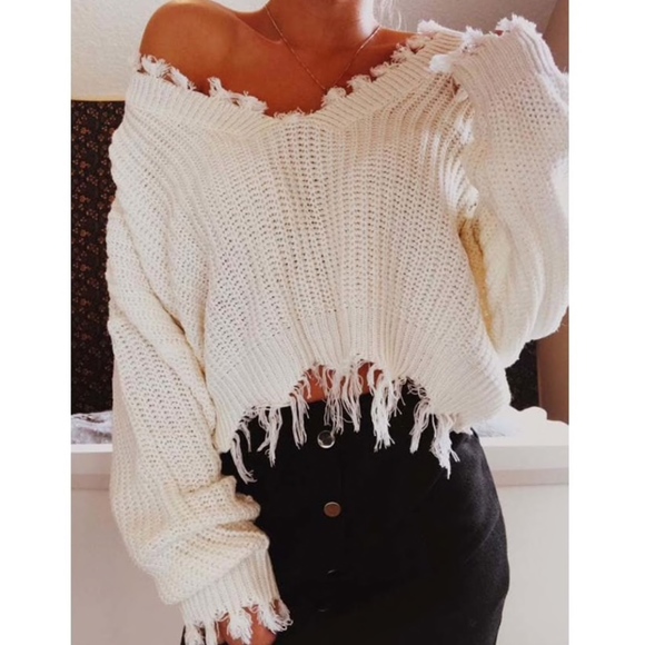 Sweaters - New! Raw Hem V-Neck Sweater Off White